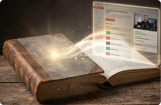 Open book with glowing light transitioning into a course interface